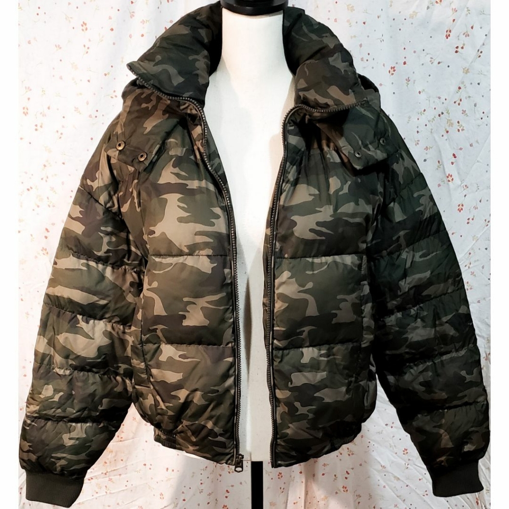 Lucky Brand Camo Puffer Coat Jacket Green Hooded Full Zip